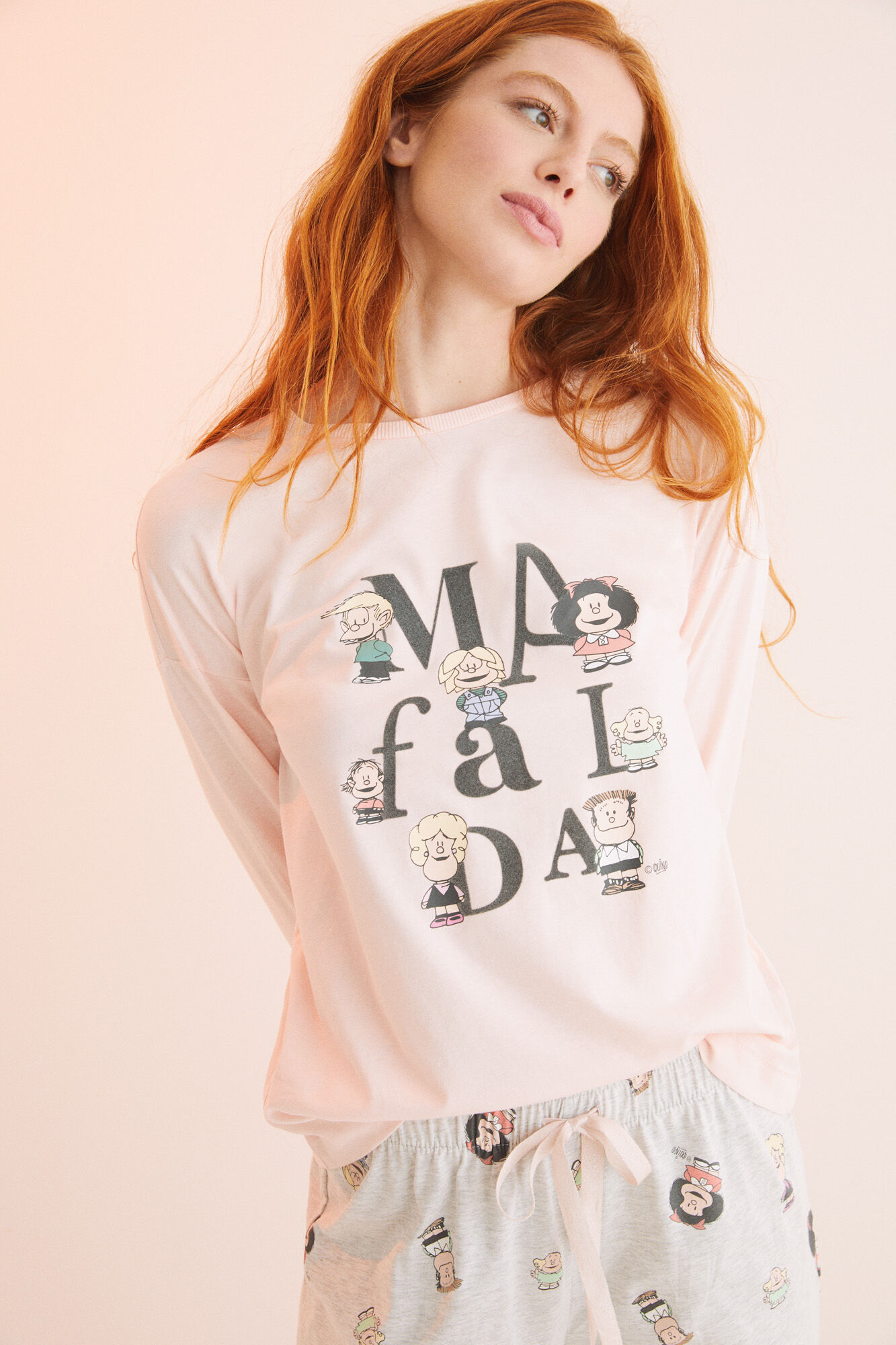 Pijama comprido Mafalda rosa de algodão - rosa