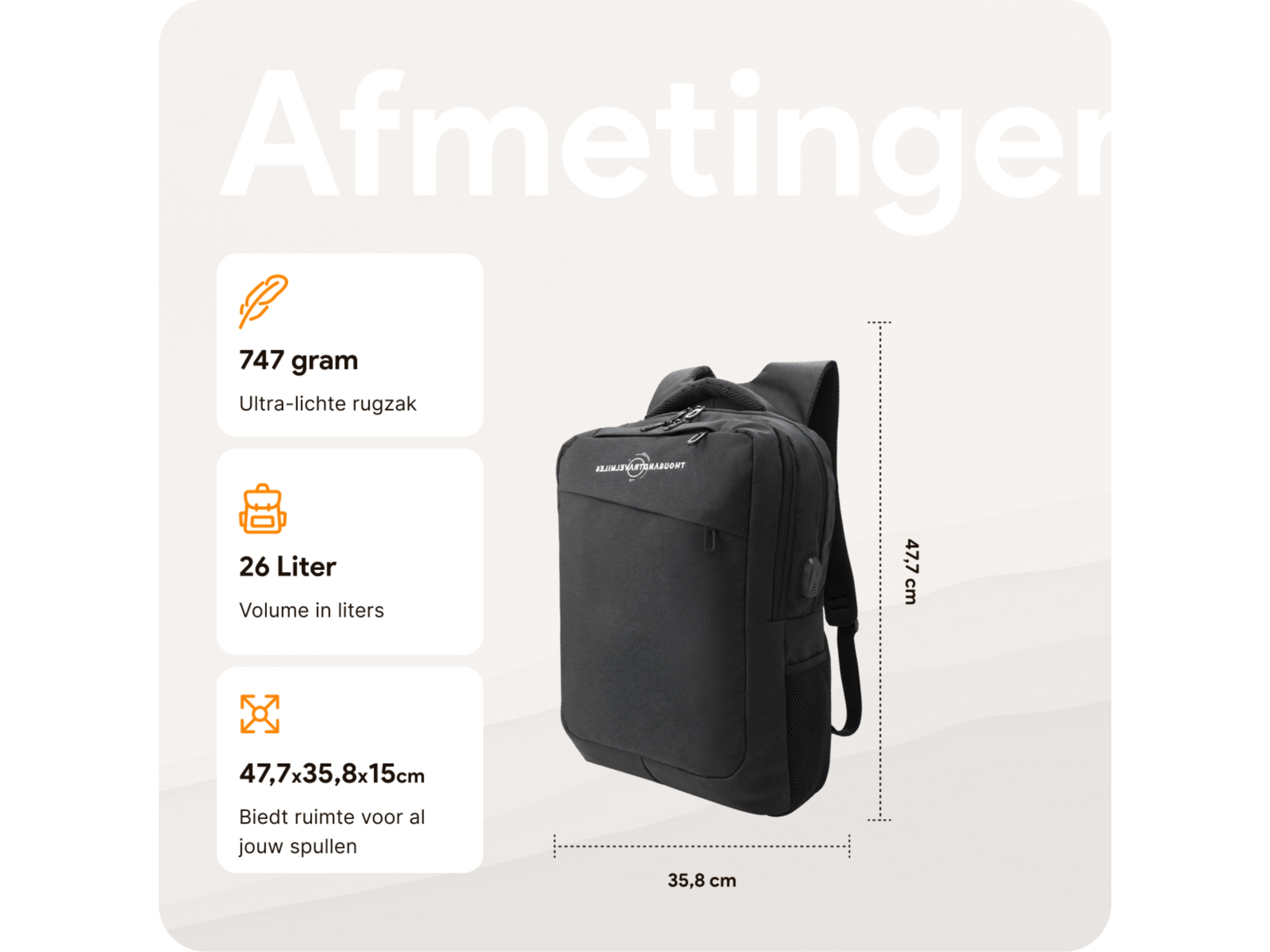 Thousandtravelmiles 26 liter rugzak met laptopvak - Black