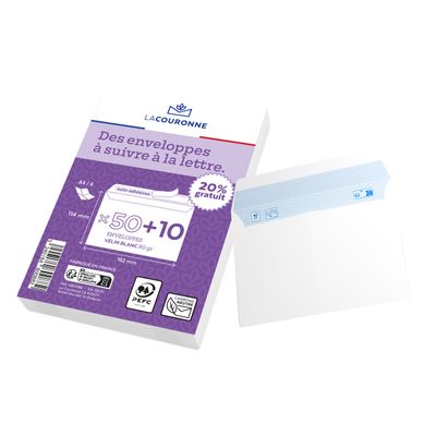 La Couronne - 60 Enveloppes (dont 20% gratuit) - C6 114 x 162mm - 80 gr - sans fenêtre - blanc - bande auto-adhésive
