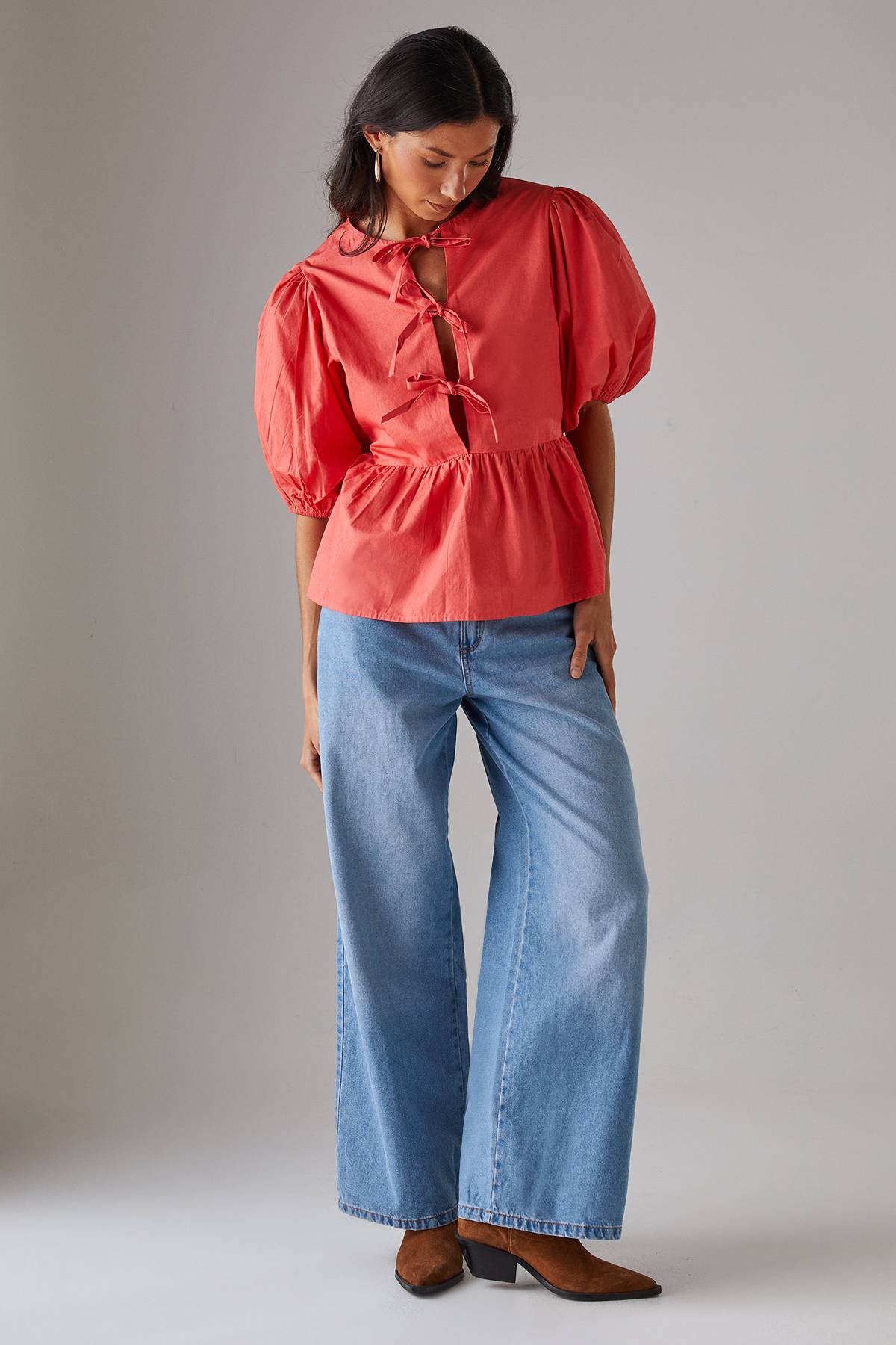 Warehouse Blouse en Popeline à Manches Volumineuses et Nœud Devant