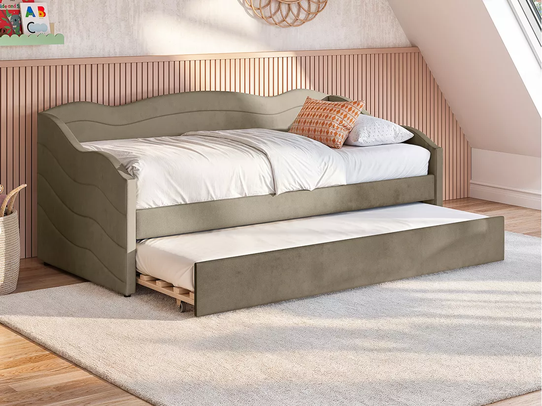 Lit banquette gigogne 2 x 90 x 190 cm - Velours - Taupe + Matelas - LENVIA
