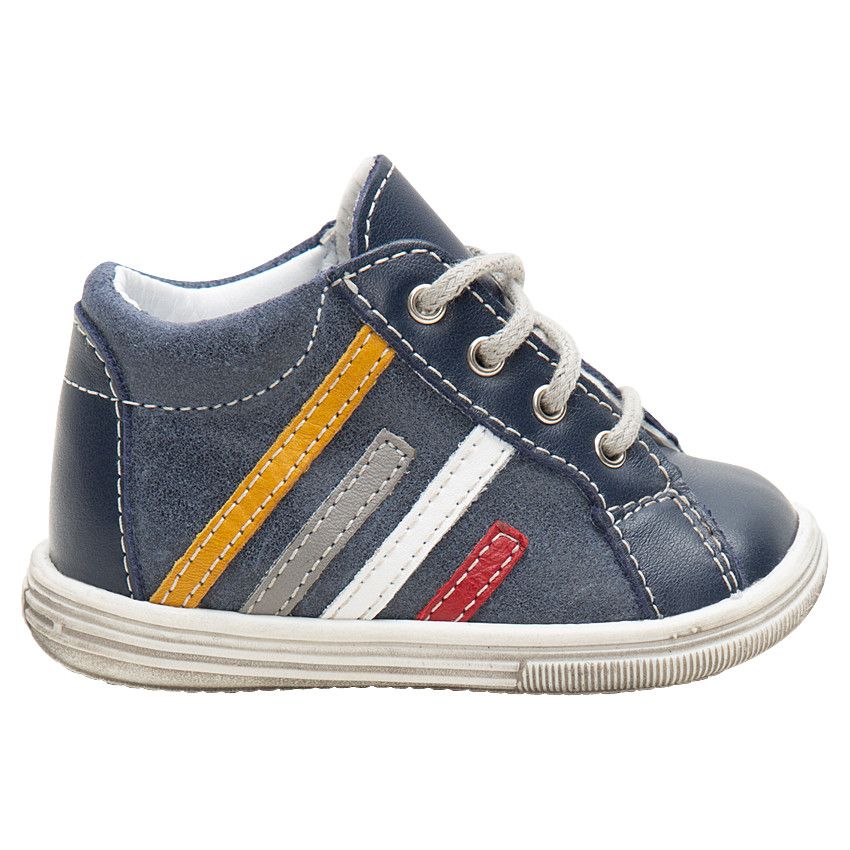 Bottillons en cuir à lacets avec bandes contrastées appliquées - Bleu marine