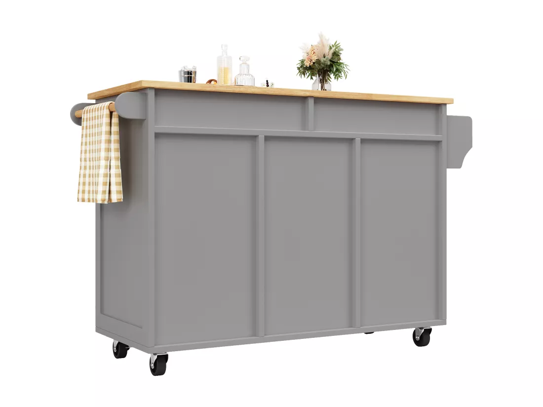 Ilot central de cuisine mobile avec 2 portes et 2 tiroirs - 102x45x92 cm - Bois MDF - Gris et naturel