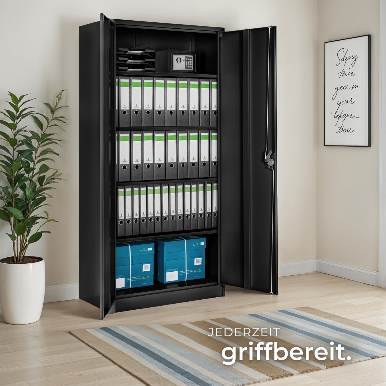 tectake® Aktenschrank, Büroschrank abschließbar, Mehrzweckschrank aus Stahl, Allzweckschrank mit 2 Türen, inkl. 3 höhenverstellbare Einlegeböden, Aktenschrank abschließbar 180x80x40 cm - schwarz