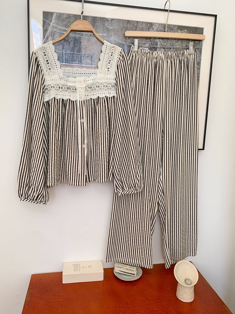 Tanee - Bijpassende pyjamatop met lange mouwen, gestreepte knopen en broek, midi-nachtjurk met vierkante halslijn (verschillende ontwerpen)