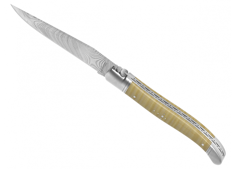 Couteau Laguiole collection damas avec un manche en érable onde et 2 mitres en acier inoxydable