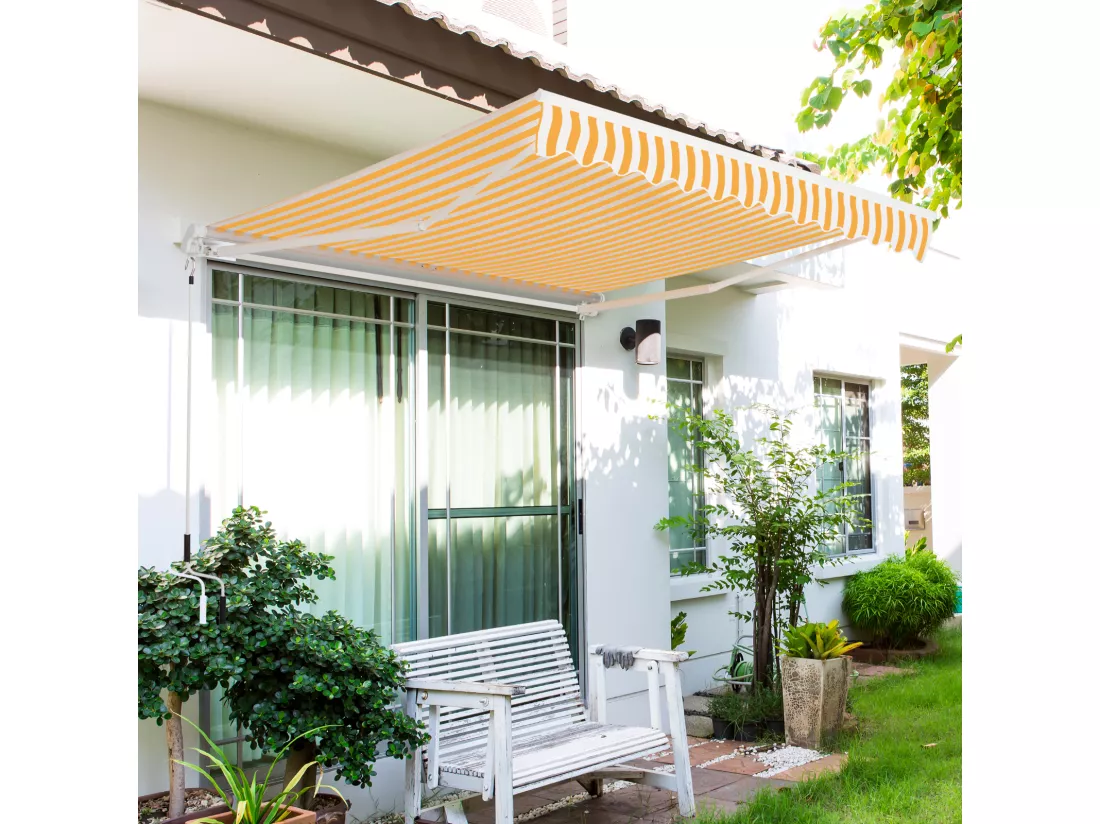 Store banne manuel rétractable aluminium polyester imperméabilisé 3L x 2,5l m orange blanc rayé