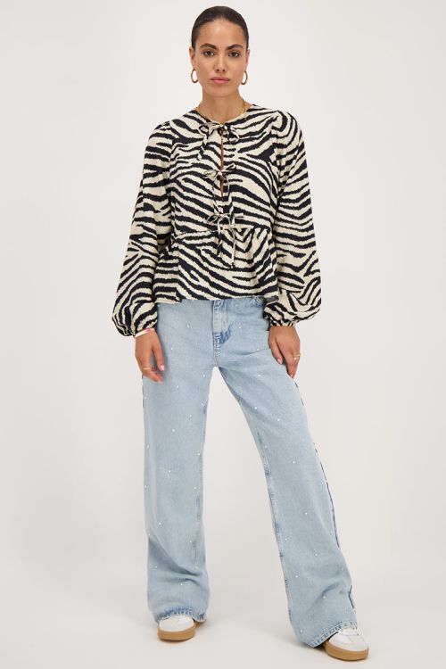 Zwarte-beige zebra top met strikjes