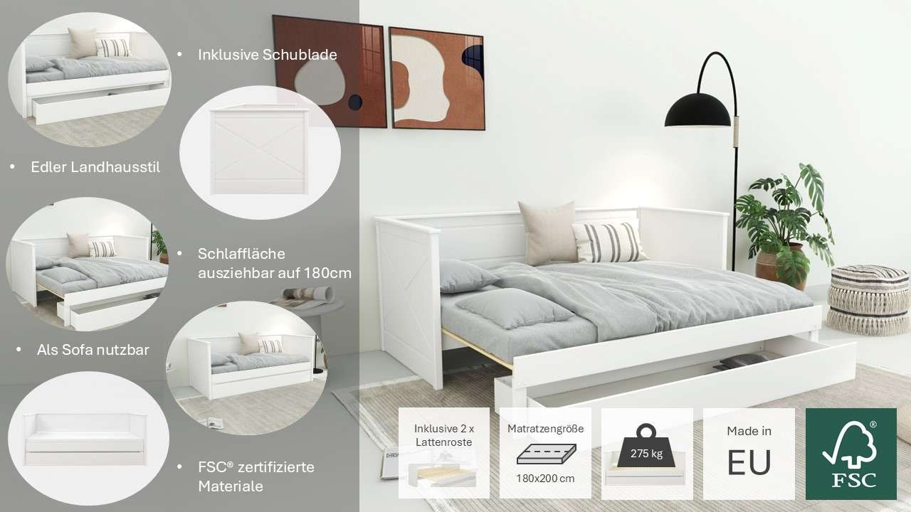 Home affaire Daybett »Emden, mit ausziehbarem Bett und Bettkasten, 2 Liegeflächen« inklusive 2 x Lattenrost