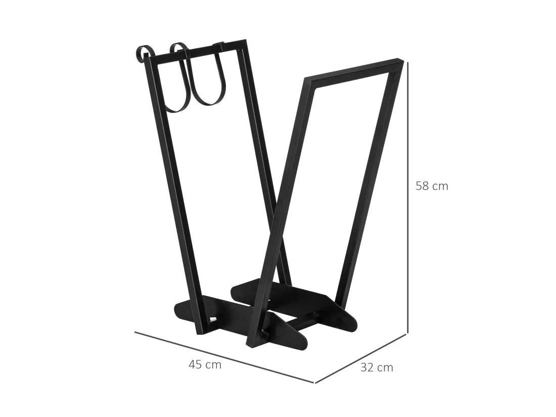 Range-bûches porte bûche range bois de chauffage en acier design trapézoïdal avec 2 crochets et étagère inférieure pour intérieur et extérieur 45 x 32 x 58 cm noir