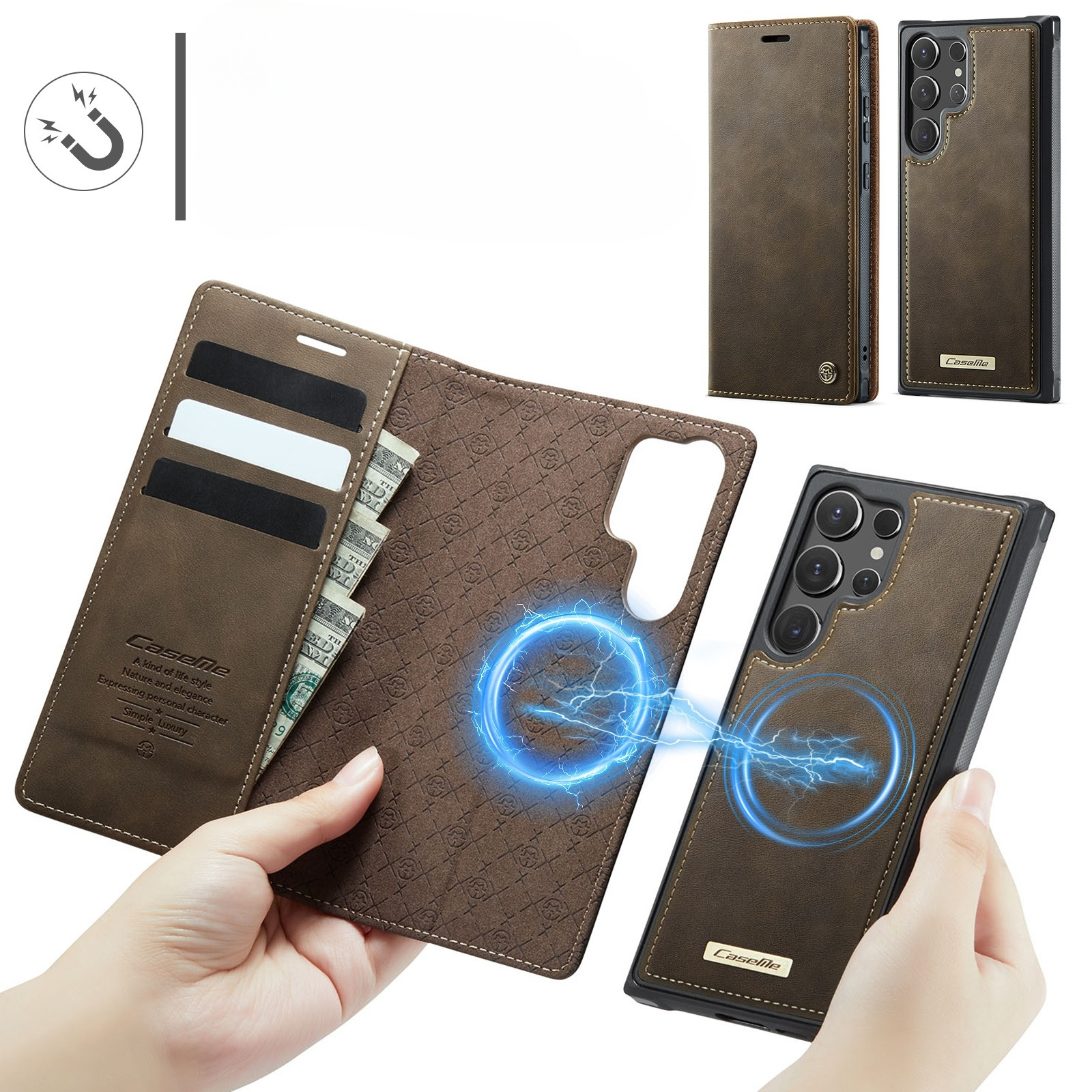 Samsung Galaxy S23 Ultra 2in1 Leder Tasche   Magnet Hardcase Karten Etui MagSafe-Modul (RFID Schutz) - Braun