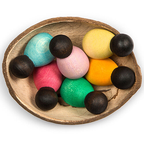 Grapat houten nins® poppetjes baby's in een kom - donker - 6st