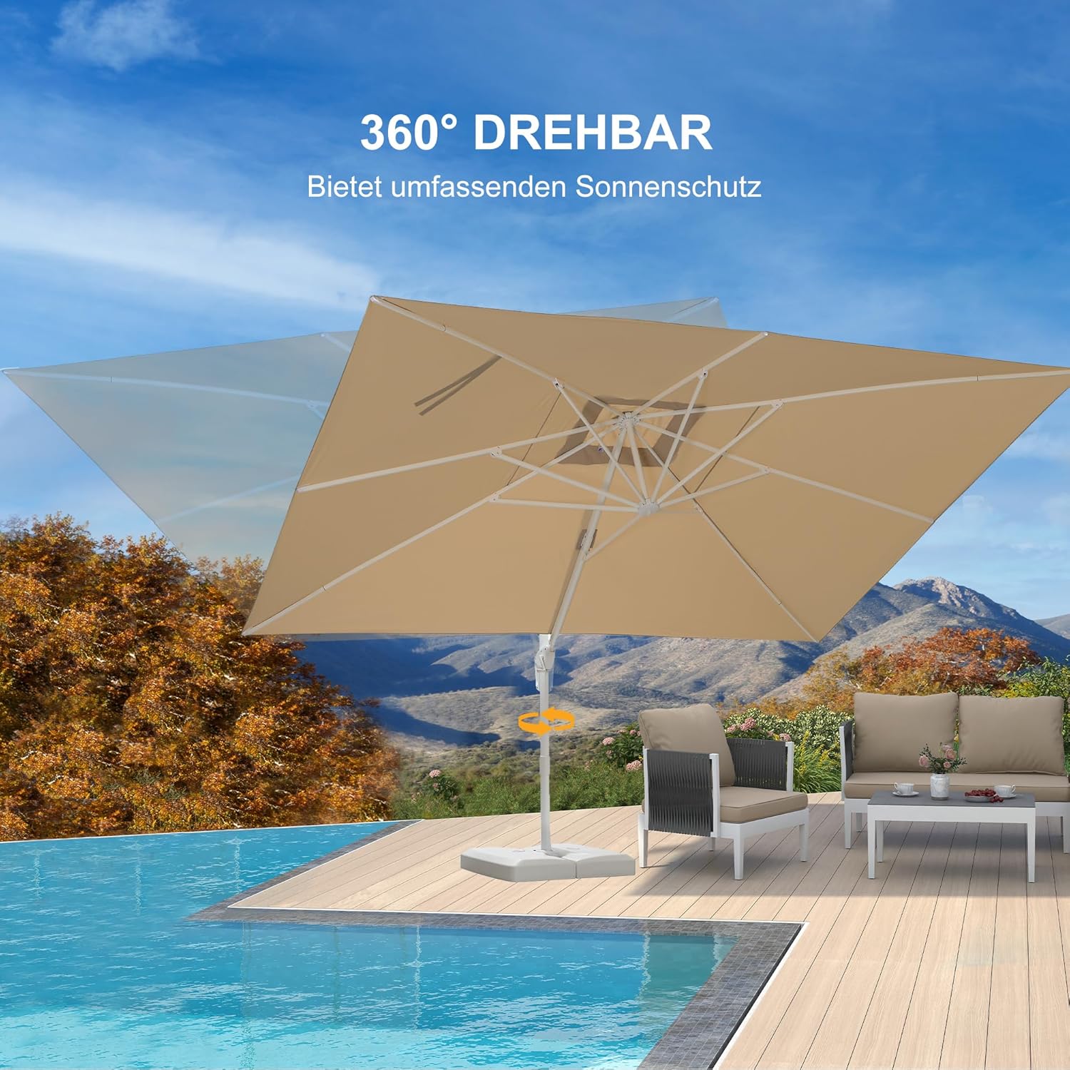 PURPLE LEAF Ampelschirm Rechteckig 300 x 400 cm, Sonnenschirm groß mit Kurbel, Aluminium Gestell in Weiß, 360° Drehbar, UV-beständig, für Garten Terrasse, Beige