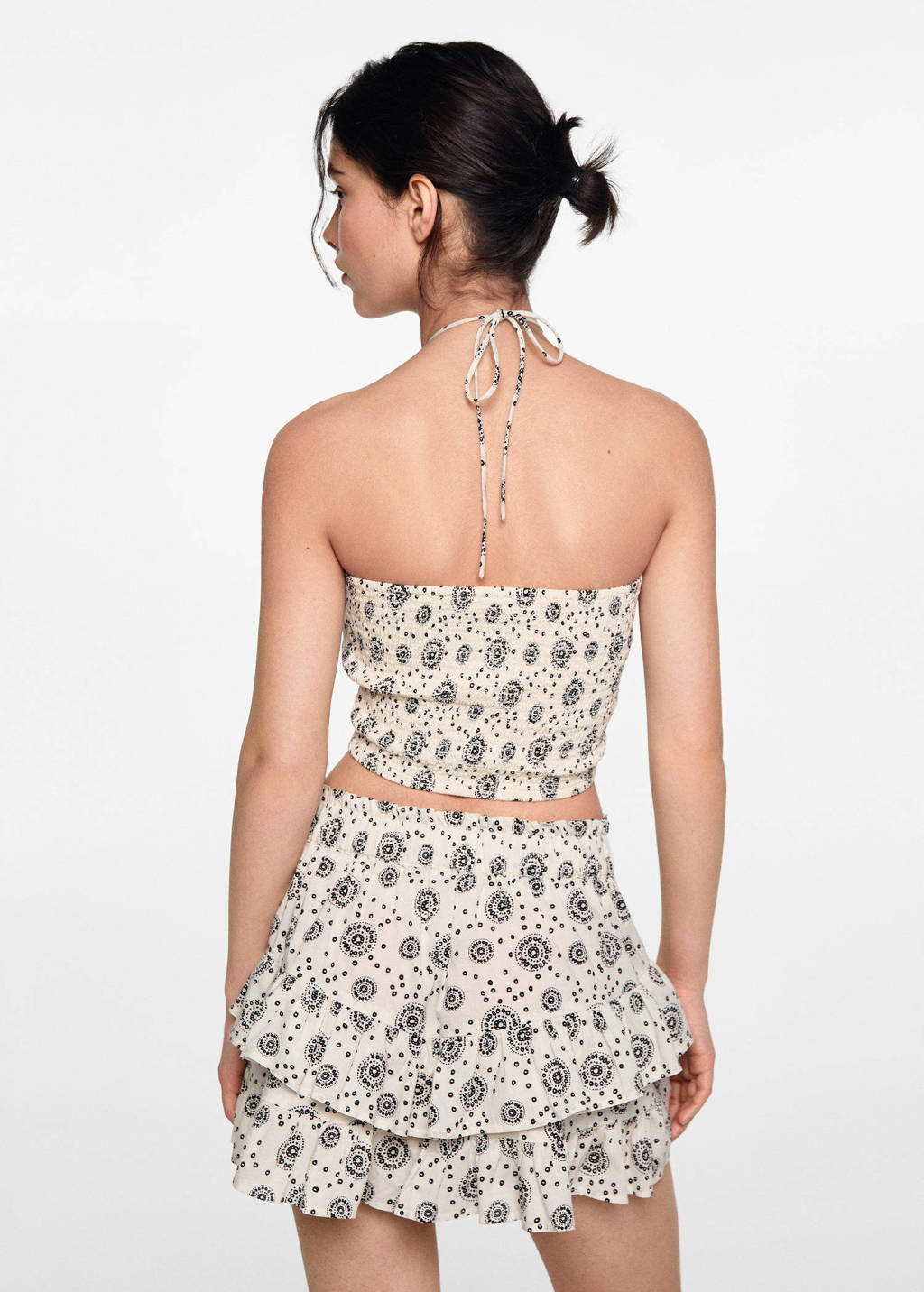 MANGO TEEN crop top met all over print ecru/zwart