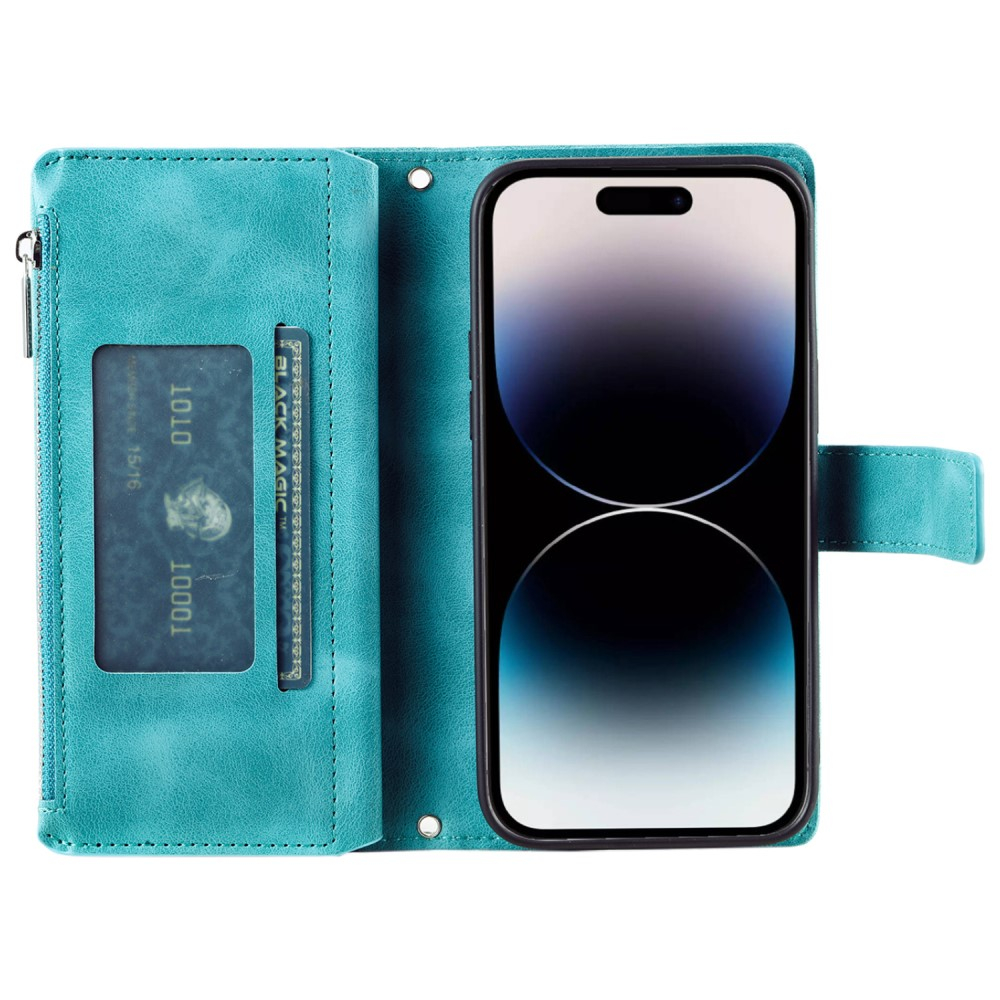 iPhone 16 Leder Tasche Flip Cover mit Reissverschluss - Mandala Flowers Imprint - Türkis