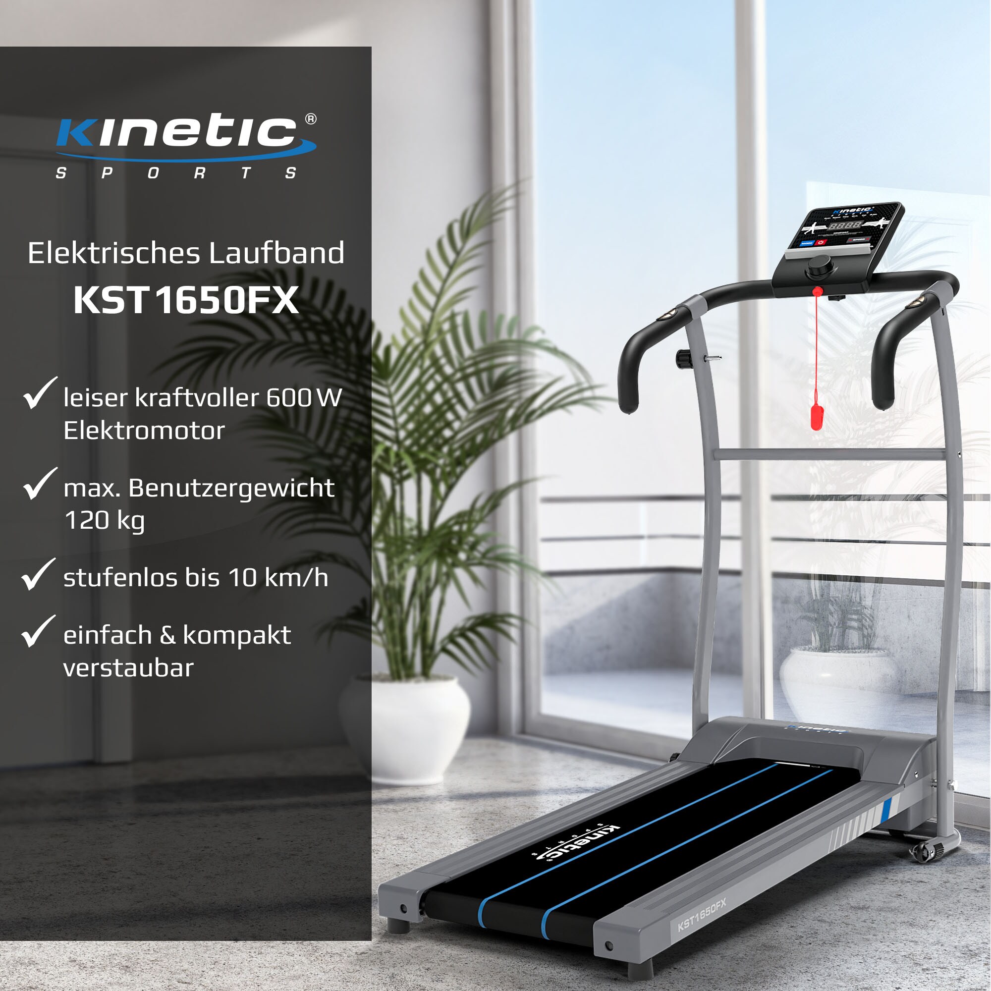 KINETIC SPORTS Laufband klappbar KST1650FX mit 600 Watt kraftvoller Elektromotor, Trainingscomputer mit 6 Programmen, Geh- und Lauftraining, stufenlos einstellbar bis 10 km/h, kompakt verstaubar