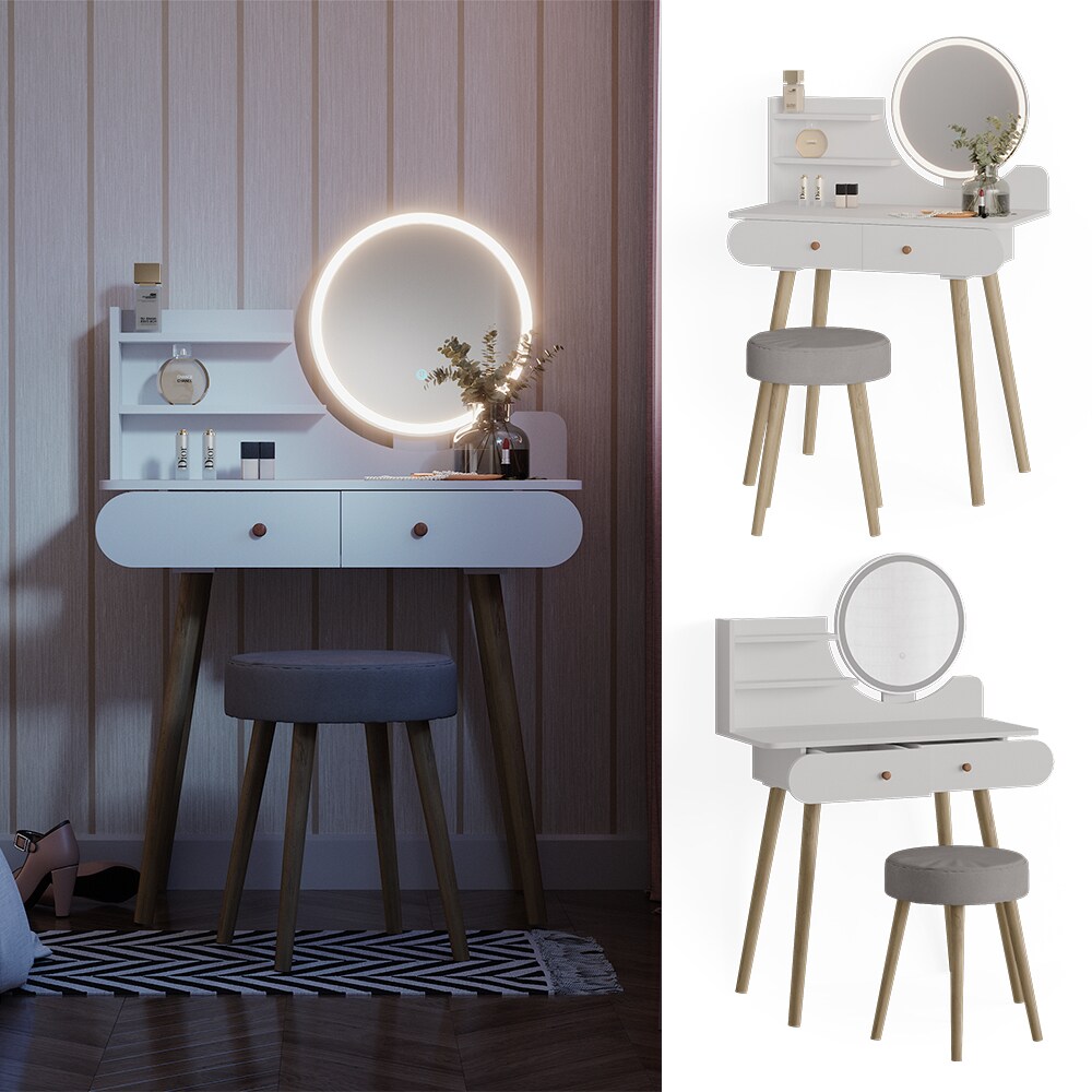 Vicco Schminktisch Frisiertisch Schminkkommode Edda Weiß LED-Spiegel Hocker 80x121 cm Skandi Schlafzimmer Kommode Schublade Ablage Aufbewahrung Kosmetiktisch Schminkkonsole Make-Up-Tisch