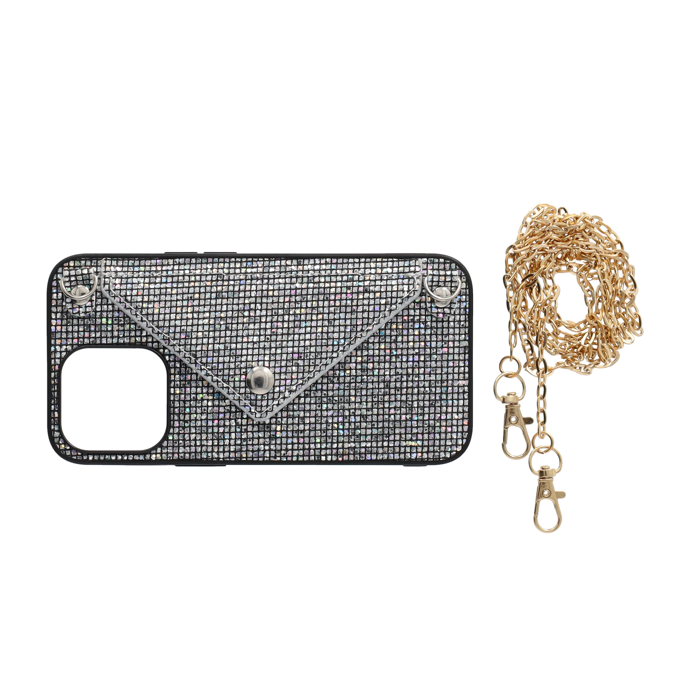 iPhone 13 Pro Necklace Schutz Hülle mit Kartenfach   Handykette (115cm) - Schwarz (Glitzer)