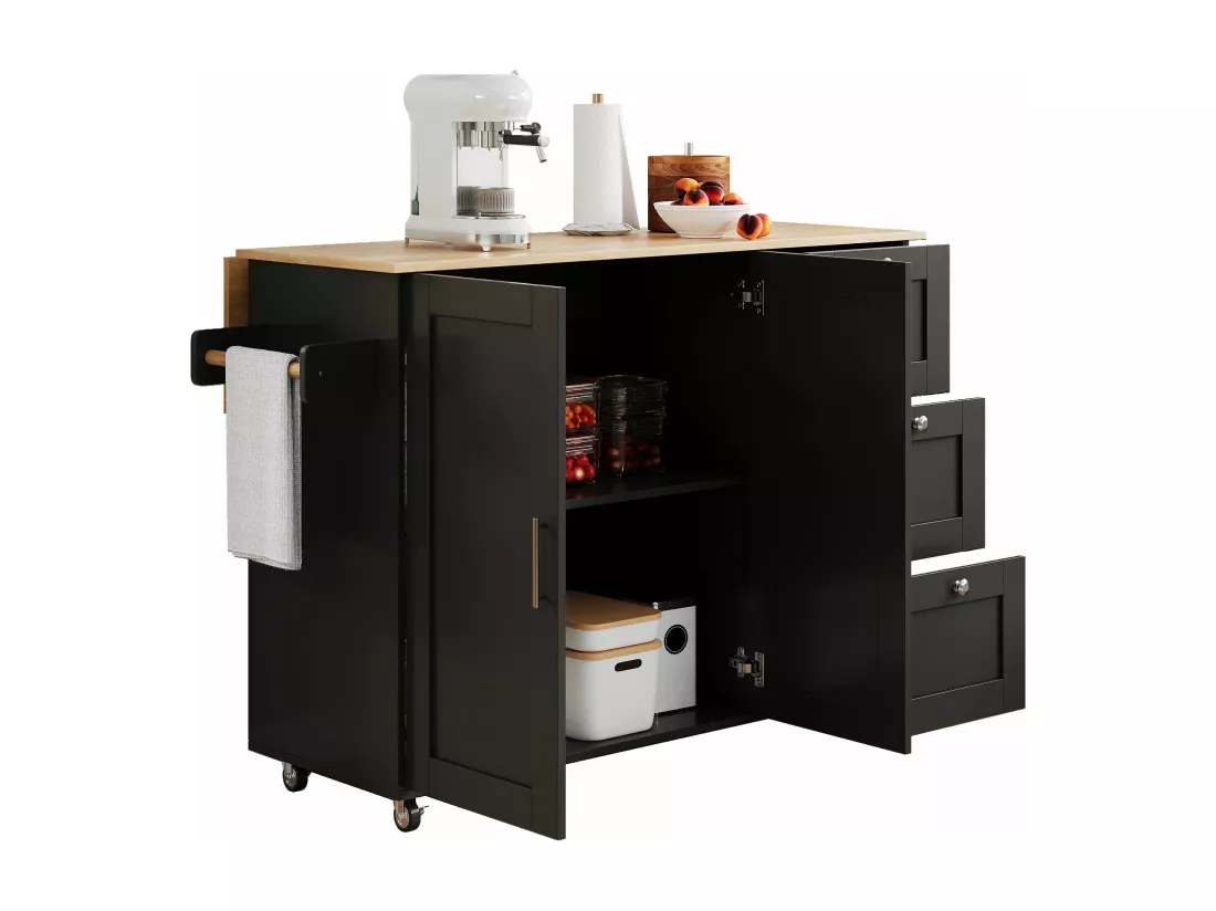 Buffet de cuisine,table de cuisine mobile,design pliable,avec 3 tiroirs et porte-serviettes,135x44(70)x90 cm,Noir