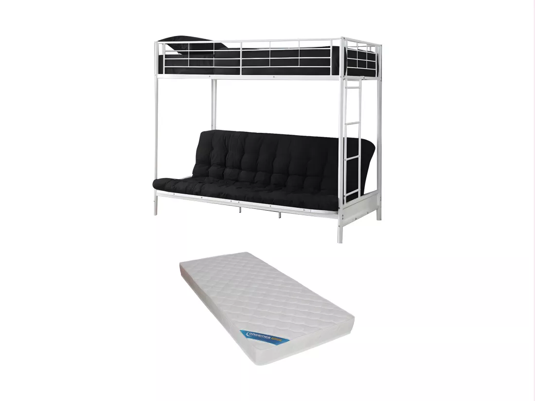 Lit mezzanine 90 x 190 cm - Avec banquette convertible - Métal - Blanc + Futon + Matelas - MODULO V