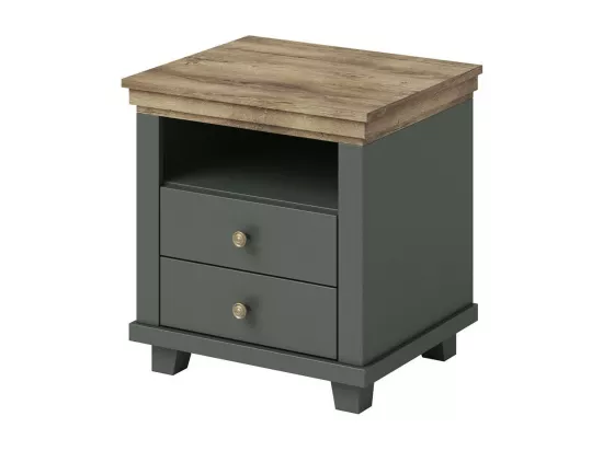 Chambre à coucher ASSIA : Armoire 200cm, Lit 160x200, commode, chevets. Coloris vert kaki et chêne.