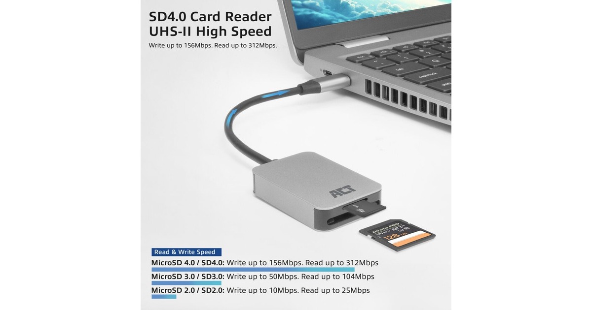 ACT ConnectivityUSB-C kaartlezer voor SD en micro SD, SD 4.0 UHS-II  (Aluminium)