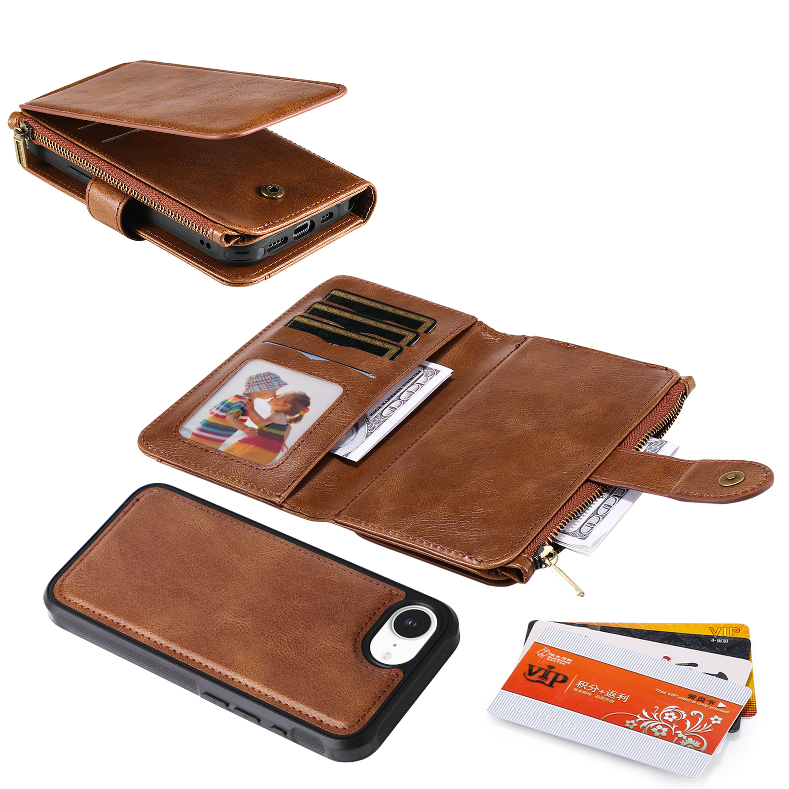 iPhone 16e Leder Wallet Etui Tasche mit 9 Kartenfächern   Münzfach - Braun
