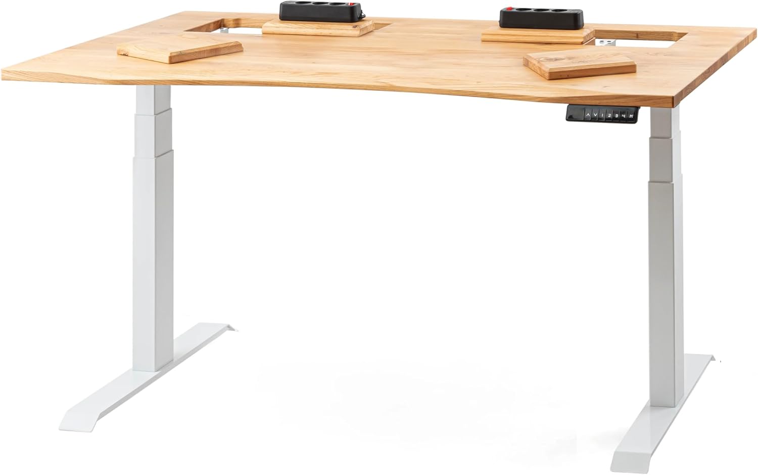 ErgoHide® Höhenverstellbarer Schreibtisch aus Massivholz mit erweitertem Kabelmanagement/Kabelkanal (Eiche, Weiß, Ergonomisch, 150x80cm)