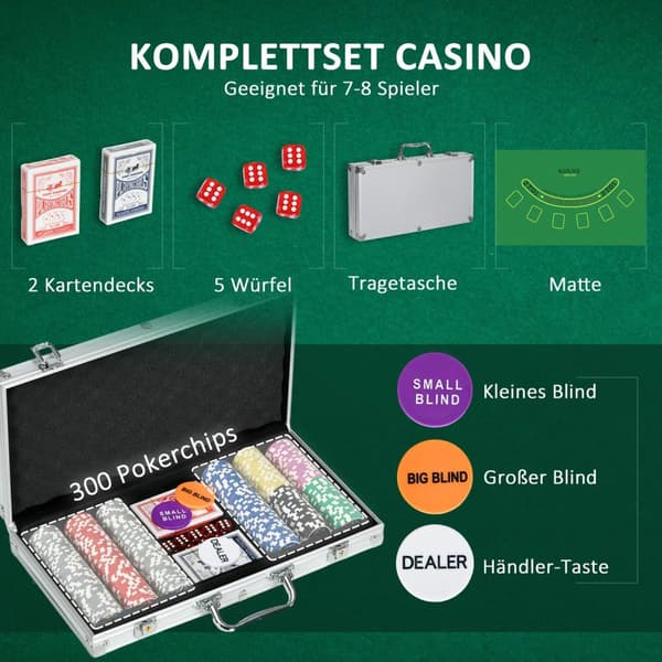 Pokerveskesett 300 Sjetonger 11,5 G Komplett Pokersett Lås 2 Kortstokker 5 Terningforhandler Blindknapper Sølv