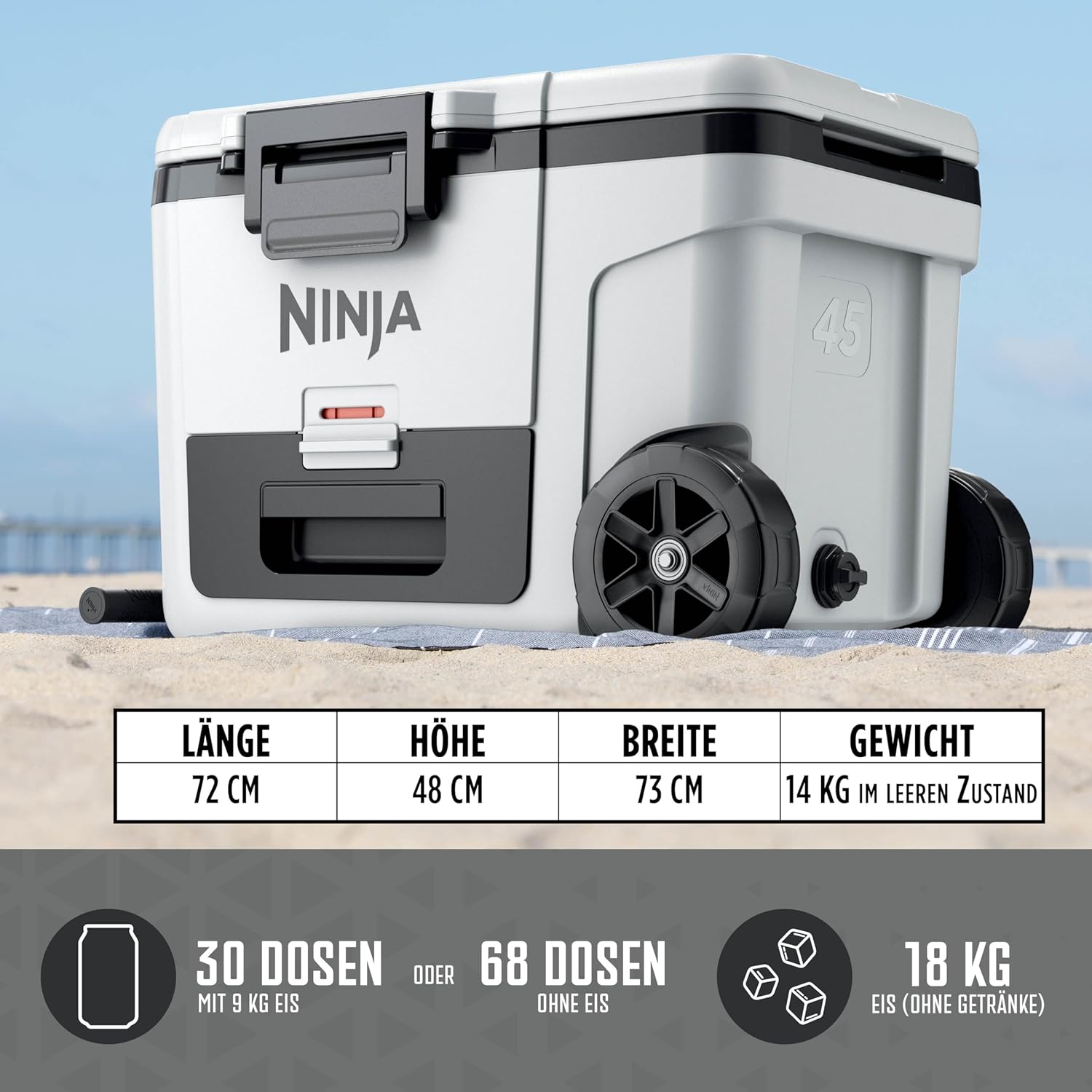 Ninja FrostVault Kühlbox mit Rollen und Isolierung, integrierter Dry Zone Schublade für Lagerung bei Kühlschranktemperatur, hält Eis tagelang, bietet Platz für bis zu 68 Dosen, Wolkenweiß, FB245EUWH