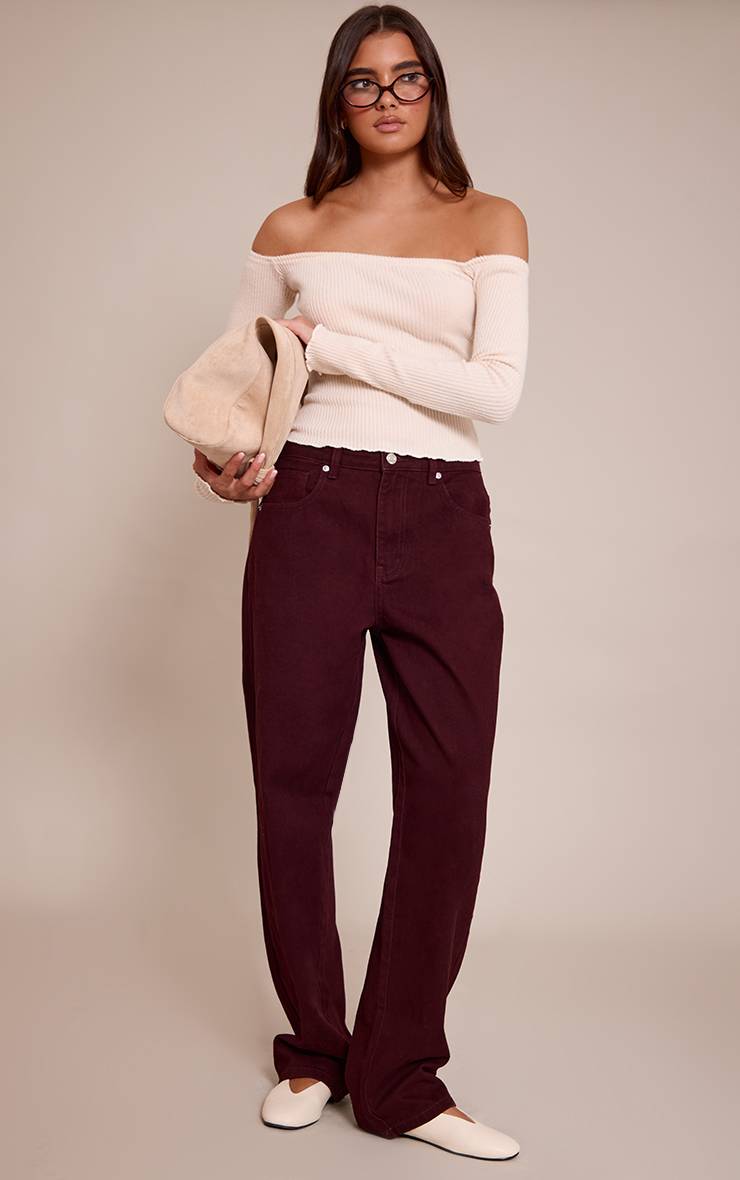 Rouge Bordeaux Prettylittlething Jean Boyfriend Taille Mi-haute
