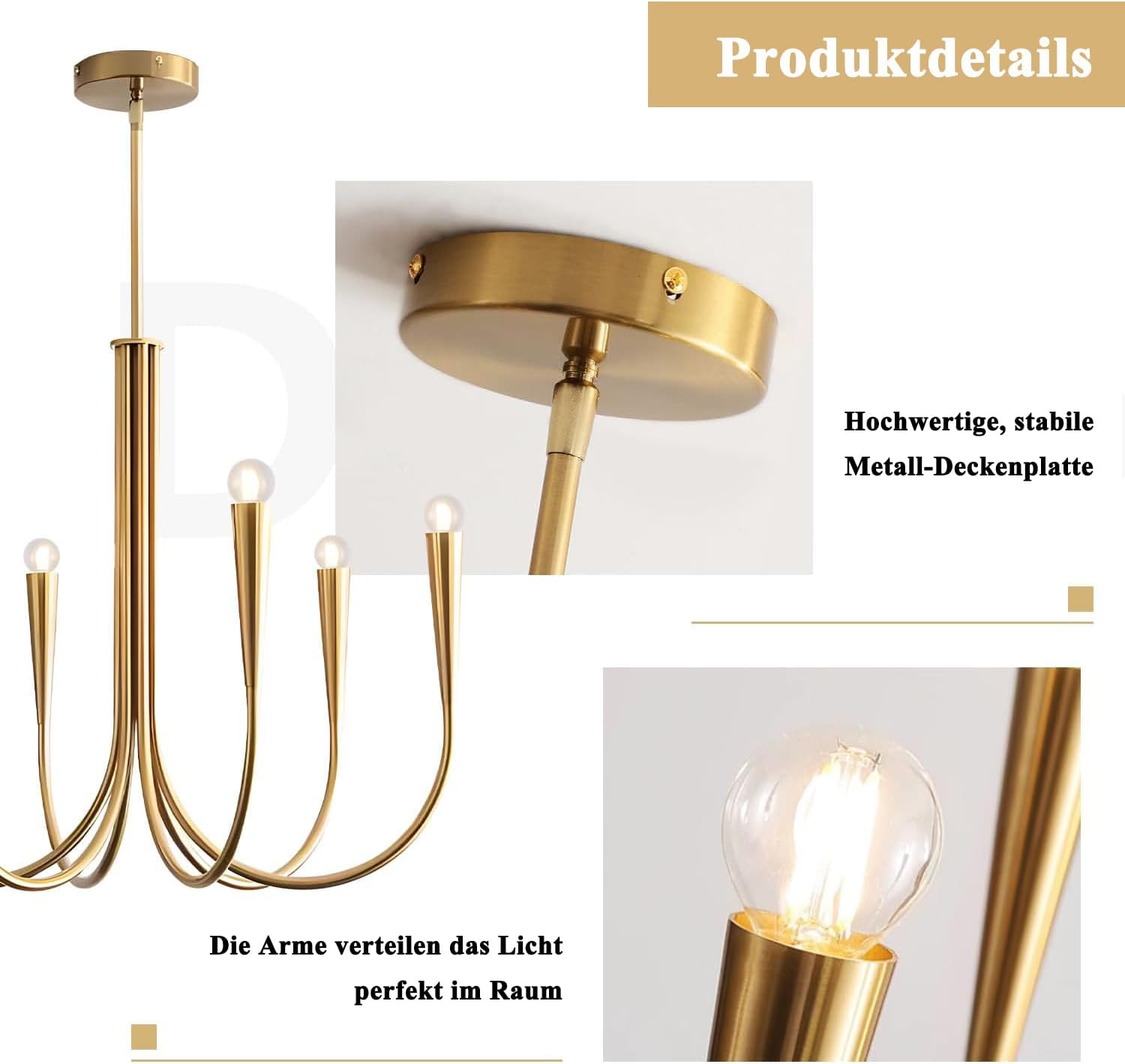 KCO 6-flammig Kronleuchter Gold,Esstisch Pendelleuchte Höhenverstellbar,E14 Fassung