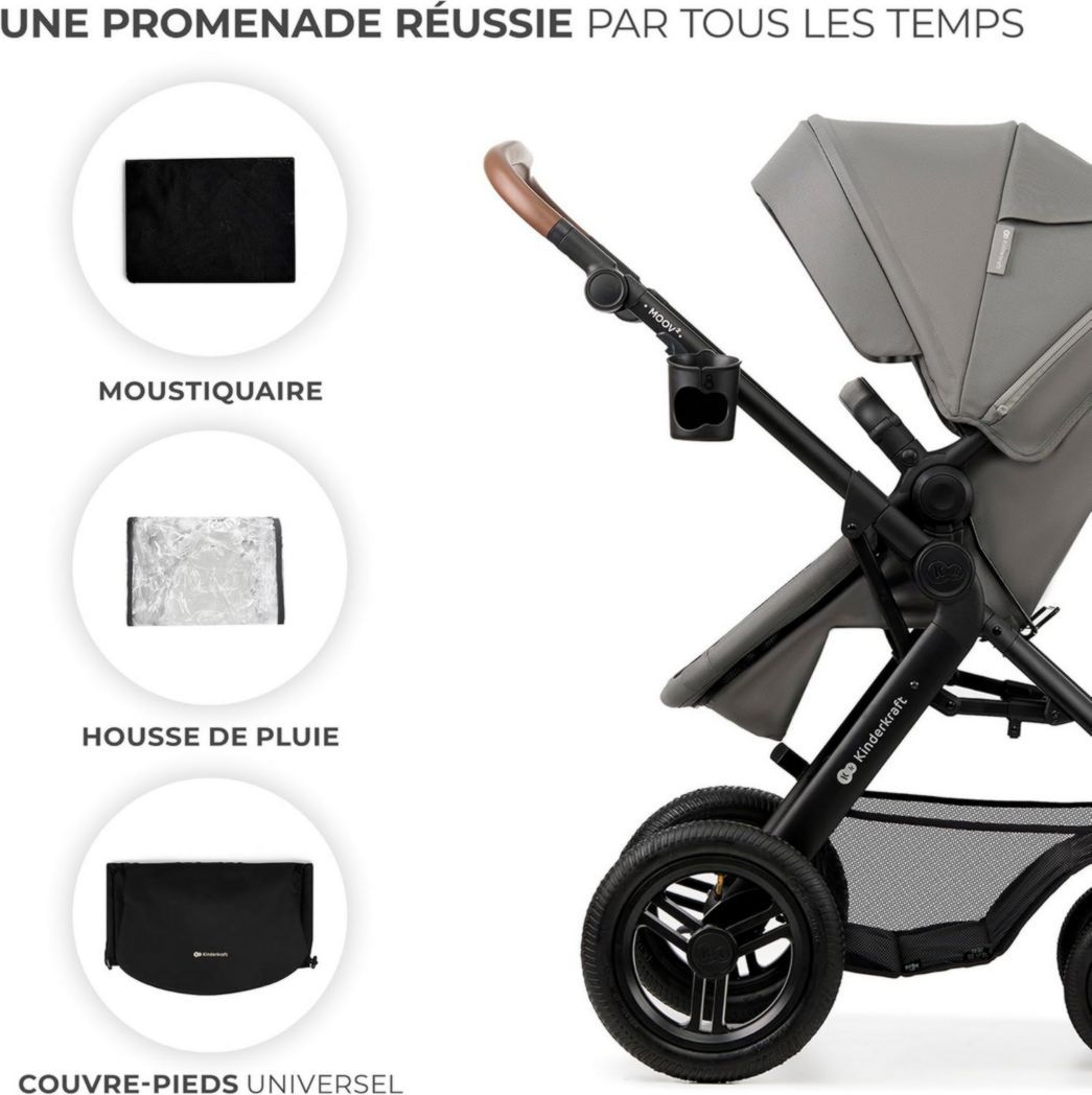 Poussette 3-en-1 Kinderkraft MOOV2, système de voyage de la naissance à 27 kg, siège auto Mink PRO I-Size inclus, pare-soleil extensible avec filtre UPF50+, accessoires pratiques, gris