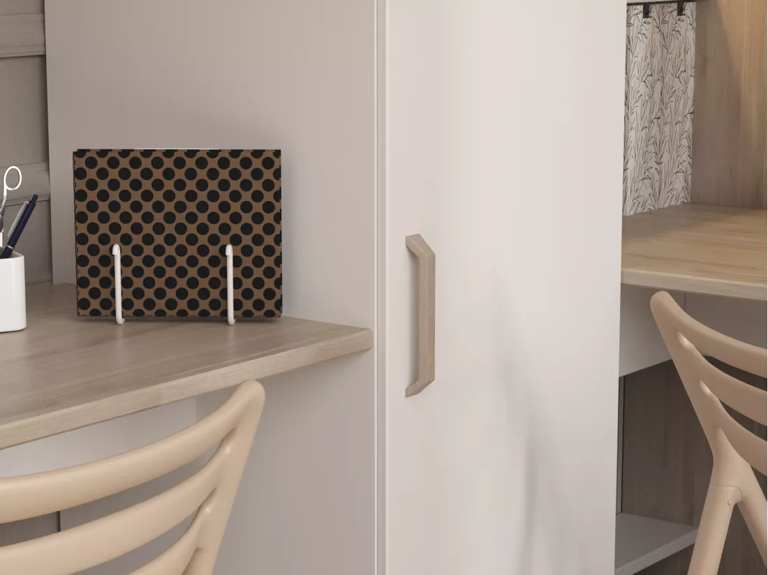 Double lit mezzanine d'angle 2 x 90 x 200 cm - Avec rangements et bureaux - Blanc et naturel - LASCANO