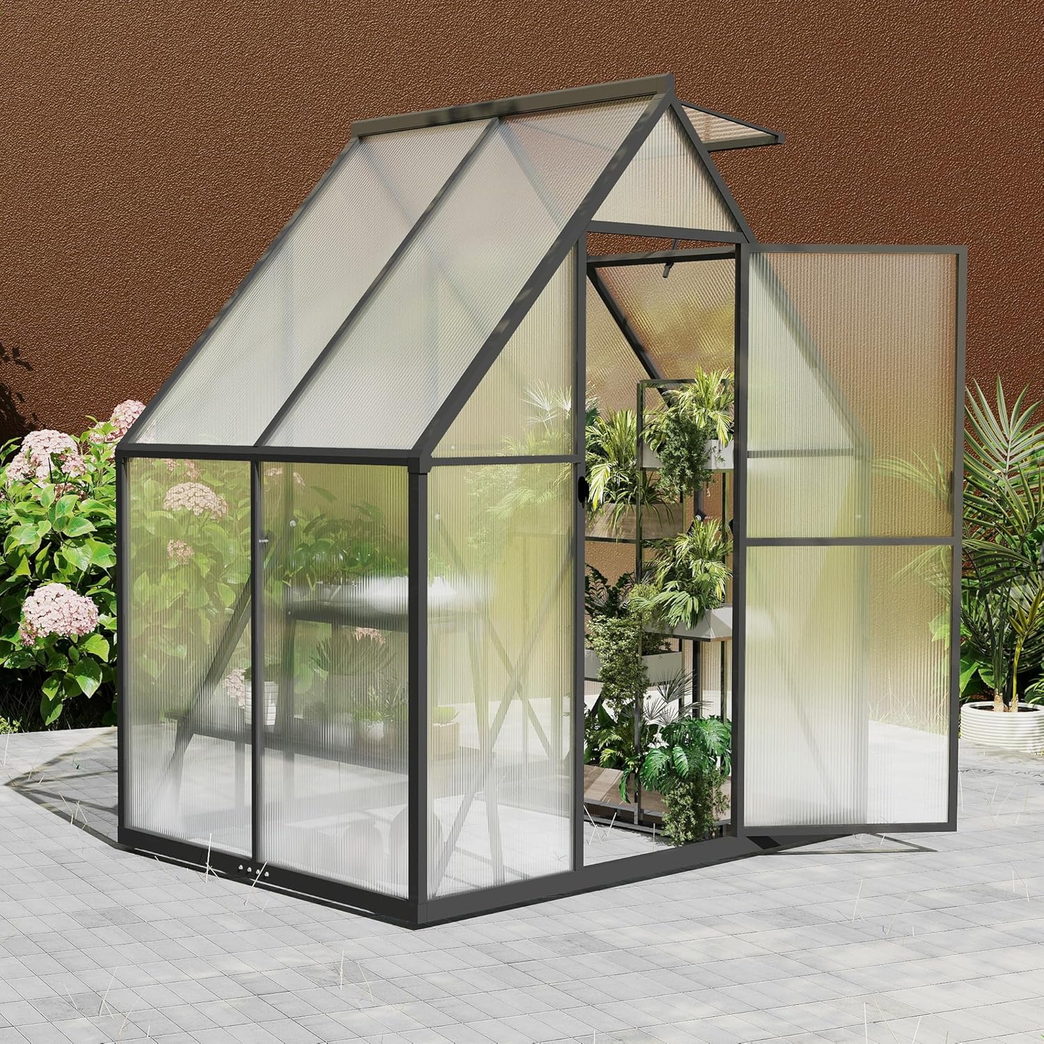 Gartengewächshaus Aluminium mit Fundament 125x180x195 cm Gewächshaus Pflanzenhaus mit Schiebetür und Dachfenster Treibhaus Gartenhaus Winterfest Aufzucht Tomatenhaus (6x4 ft)