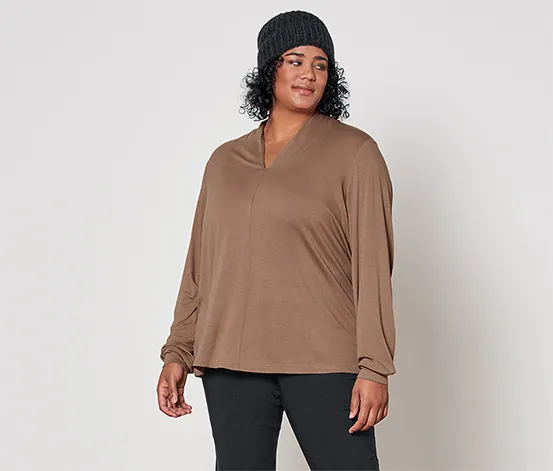 Langarmshirt mit V-Ausschnitt, beige