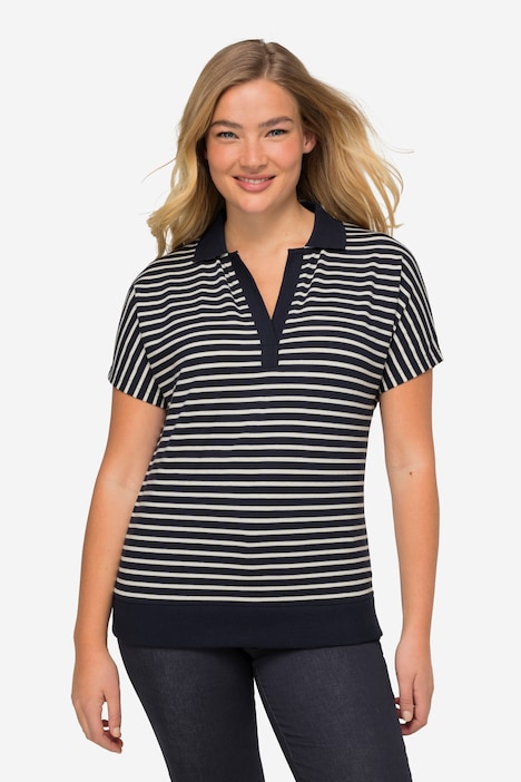 Poloshirt, Piqué, Ringel, Polokragen, überschnittene Schultern, Halbarm