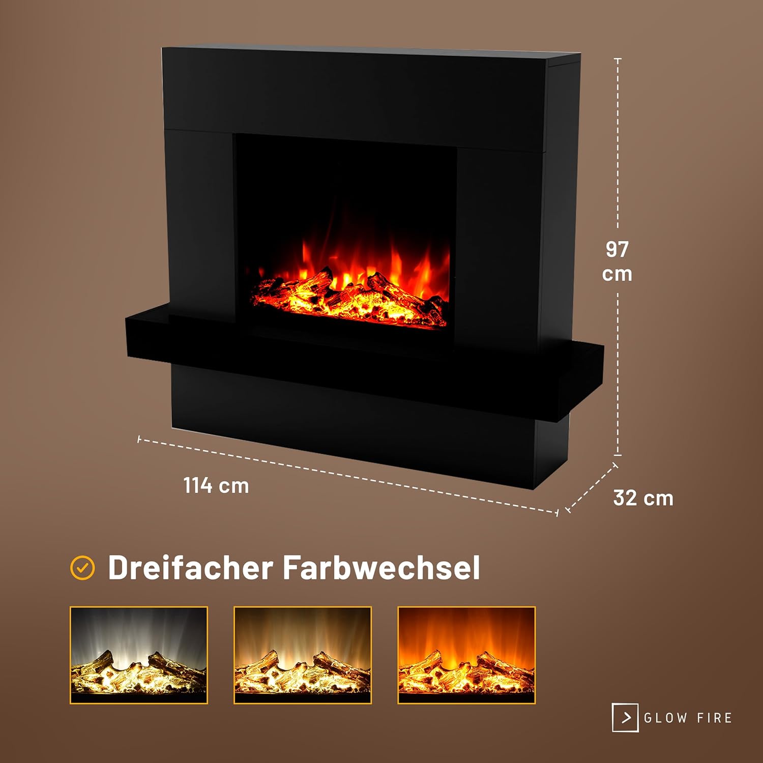 GLOW FIRE Elektrokamin mit Heizung und Kaminfeuer (Standkamin Pandora) - elektrischer Kamin mit LED-Feuer in 3 Farben, Heizlüfter, Holz-Deko & Fernbedienung, 114x97x32 cm, Schwarz