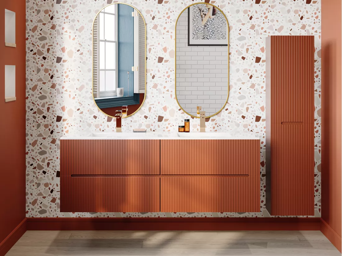 Meuble de salle de bain suspendu avec vasque à encastrer et colonne - Strié terracotta - 150 cm - PAVANI