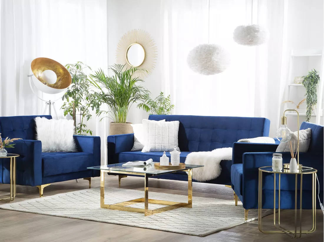 Ensemble canapé et fauteuils en velours bleu marine 5 places ABERDEEN
