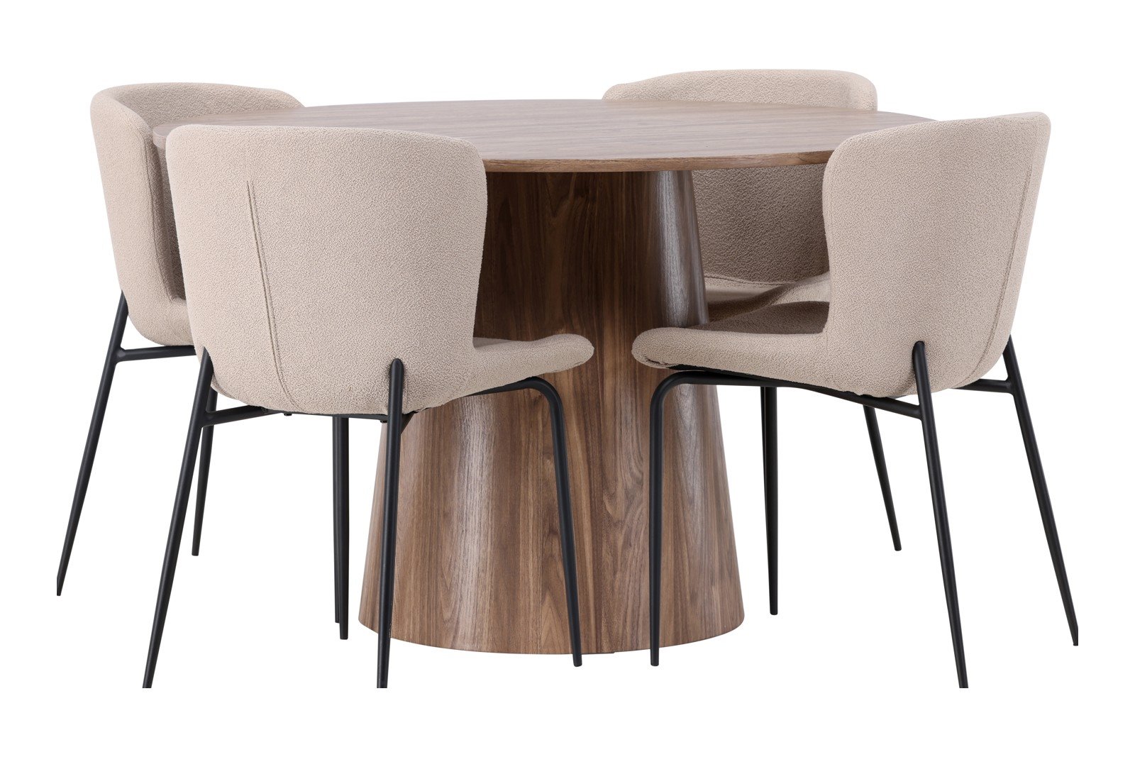 Lanzo og Modesto Spisegruppe Lanzo rundt spisebord ø120cm i natur med 4 stk. Modesto spisestoler i Beige Bouclé og sorte ben.