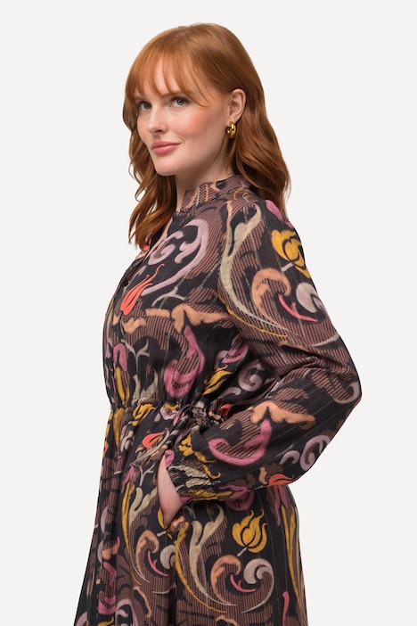 Kleid, Tunnelzug, Stehkragen, V-Ausschnitt, Langarm