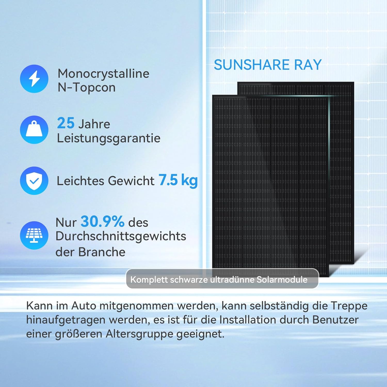 Ray 400W Balkonkraftwerk mit Halterung (Beton Balkon) - Balkonkraftwerk 800W komplett Steckdose - neuester 800 Watt Wechselrichter - Solaranlage Komplettset - inkl Zubehör - 5m Kabel