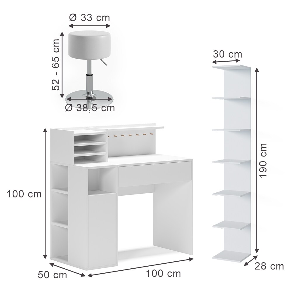Vicco Schreibtisch, Weiß, 3 Teile, mit Bücherregal und Hocker