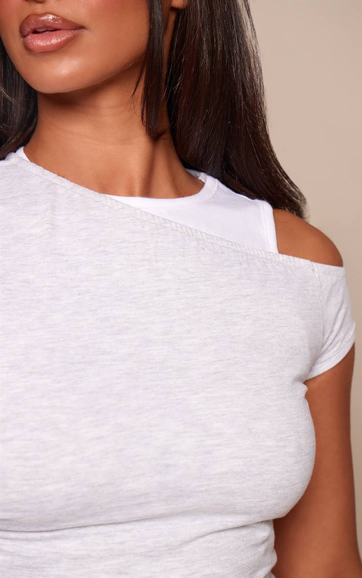 Gris Chiné Haut Petite Asymétrique À Manches Courtes Double Couche Contrastée