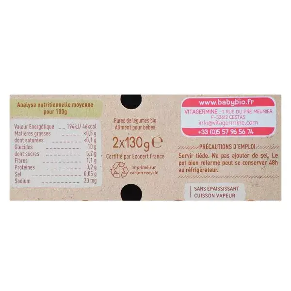 Babybio Comida de Bebê Orgânica de Batata-Doce e Legumes +4 meses 2 x 130g