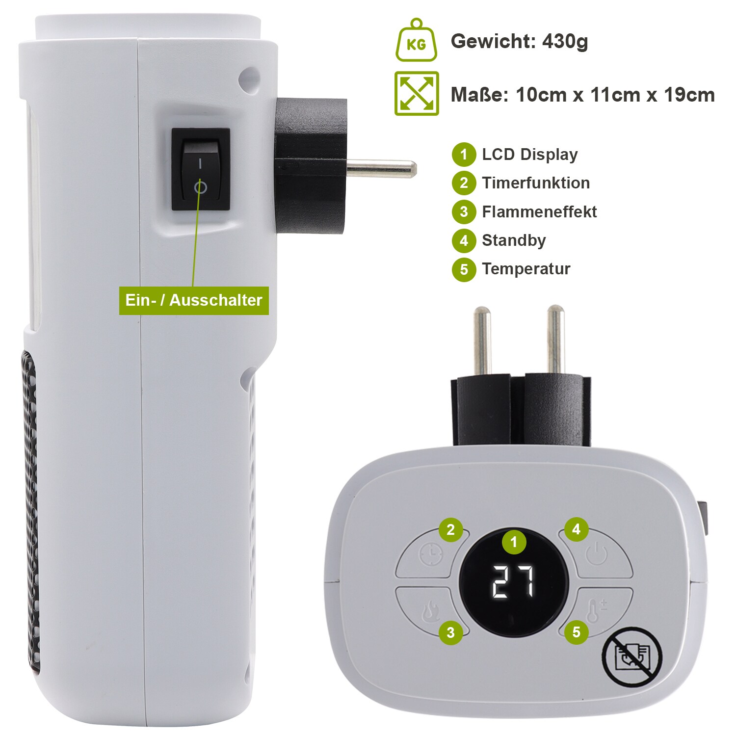 TroniTechnik® Steckdosen Heizlüfter Energiesparend Mini, Kaminfeuereffekt LCD Display Keramik Heizung mit Thermostat 400W