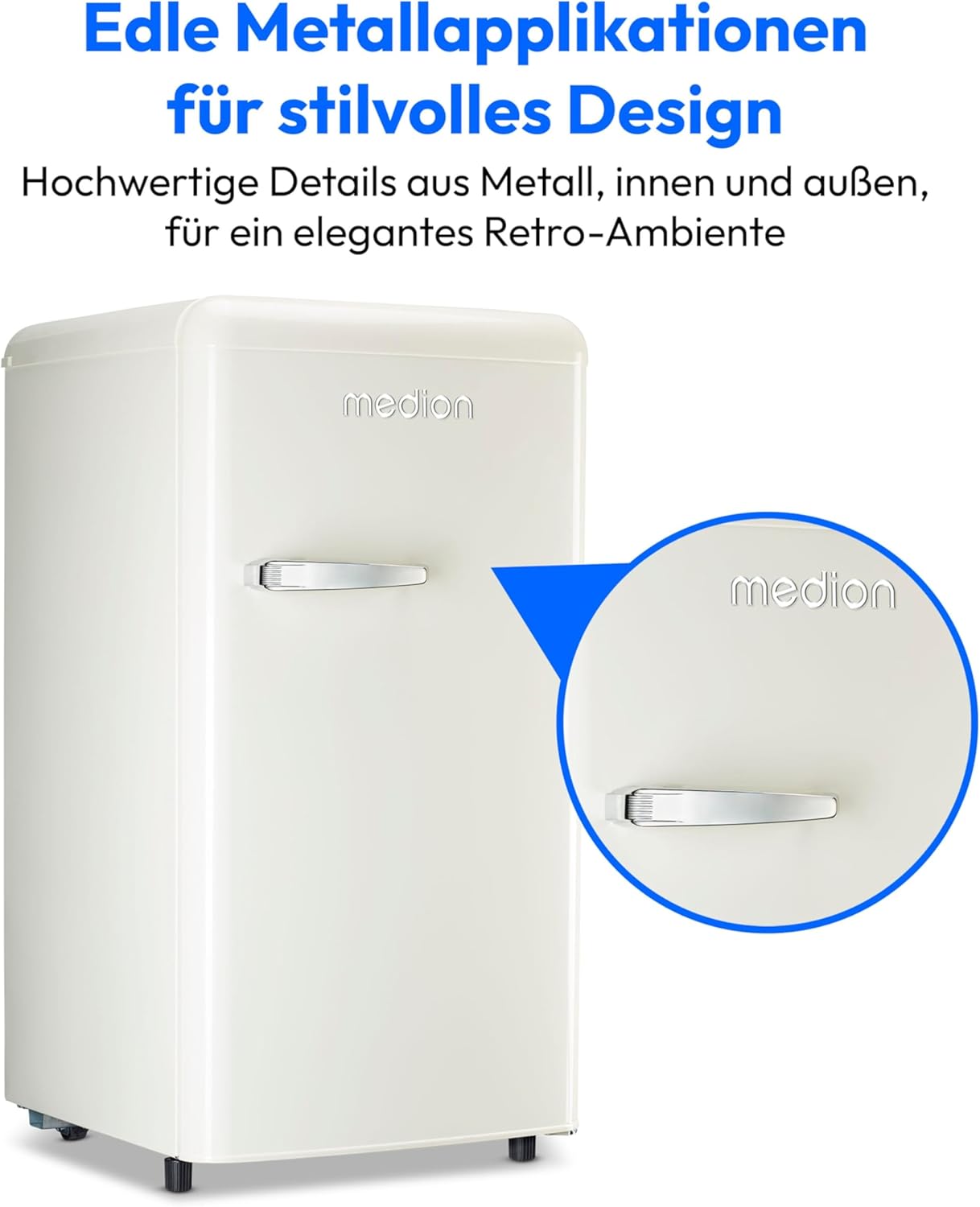 MEDION Retro Kühlschrank (91 Liter, 91cm Höhe (höhenverstellbare Füße), höhenverstellbare Glasablagen, transparente Gemüseschublade, freistehend, Türanschlag rechts, Metall Türgriff, MD37800) cream
