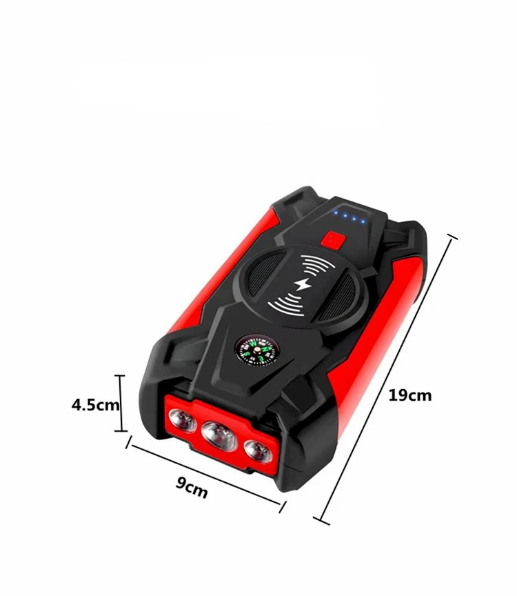 12000mAh Powerbank mit Jumpstart Power Starter Funktion Dual USB A und Qi Wireless   Auto Starthilfe Überbrückungskabel / LED Taschenlampe / Kompass - Rot / Schwarz