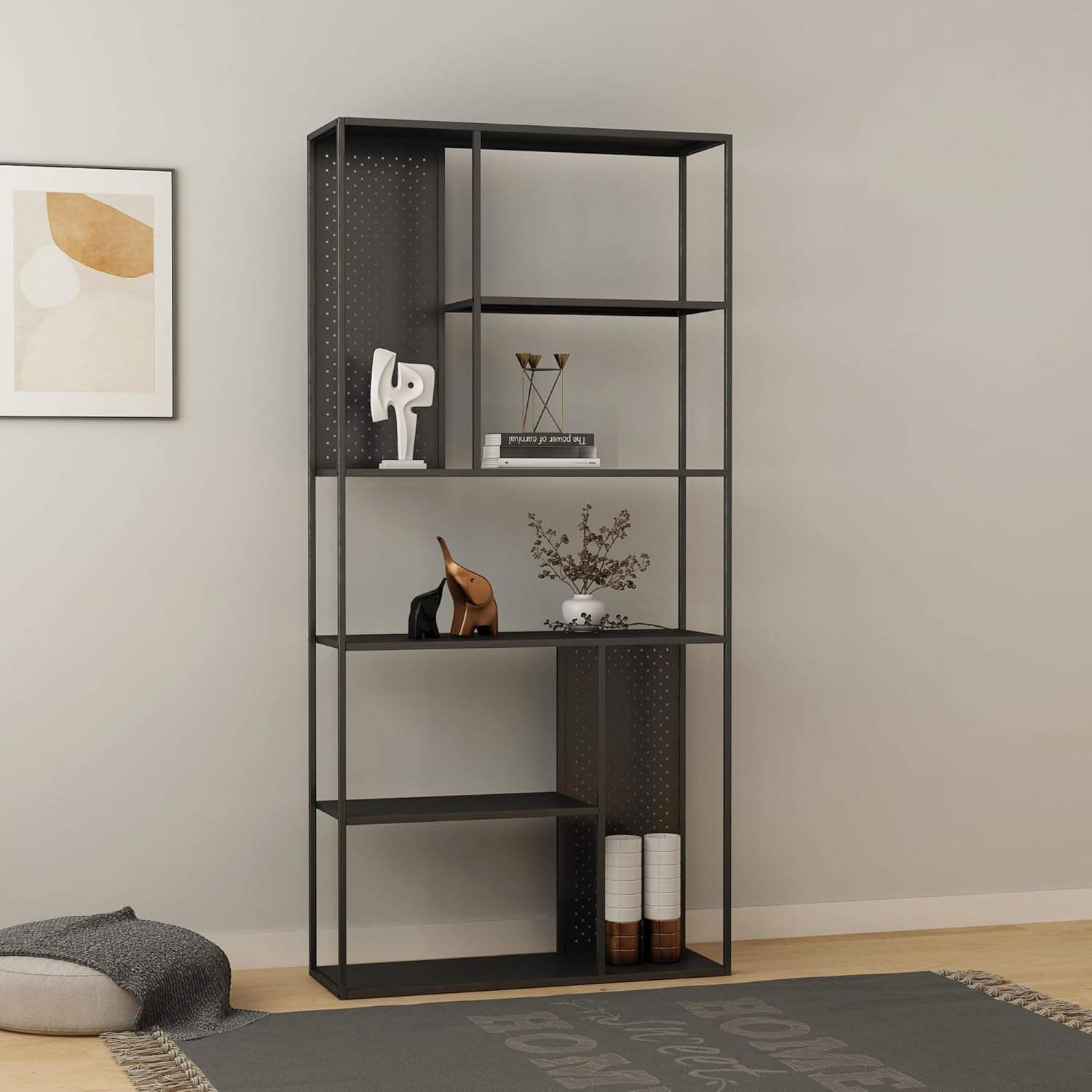 [en.casa] Standregal Vehmaa Bücherregal mit 7 offenen Fächern mit Rückwand 90 x 30 x 188 cm Metallregal für Wohnzimmer Schlafzimmer Schwarz Regal stehend
